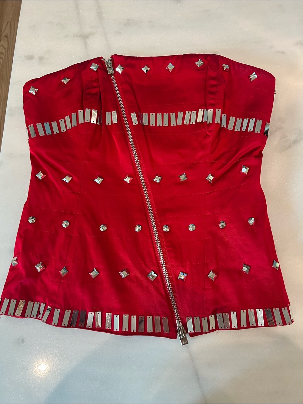 bebe Red Strapless Studded Corset-Style Top with Silver Accents